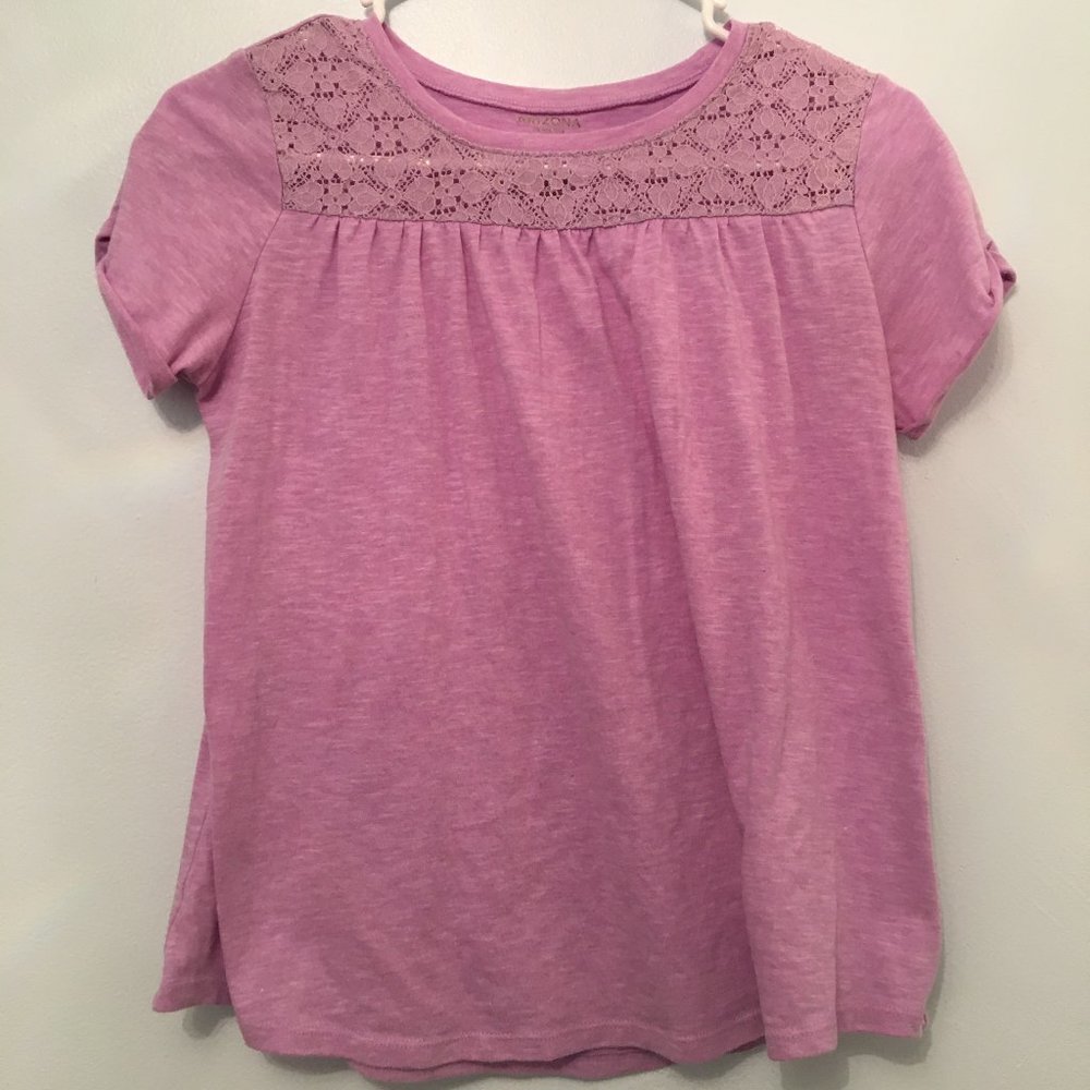 Girls Large Floral Trim Purple Short Sleeve